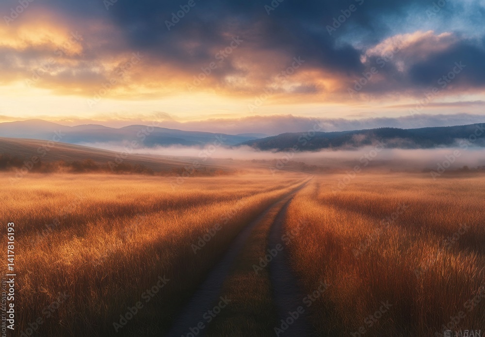 Golden Sunrise Path Through Misty Fields Golden Sunrise Path Through Misty Fields