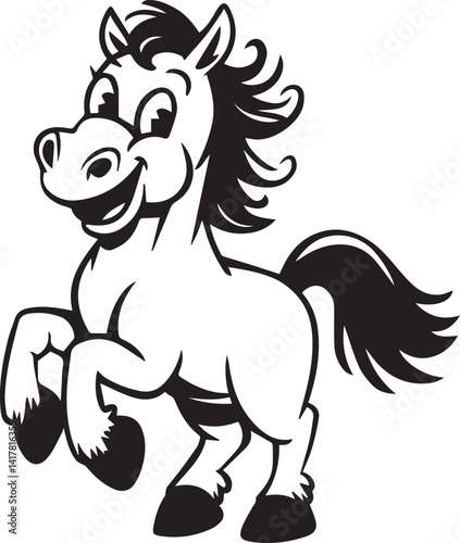 Cheerful Cartoon Horse Vector Illustration In Black And White Style