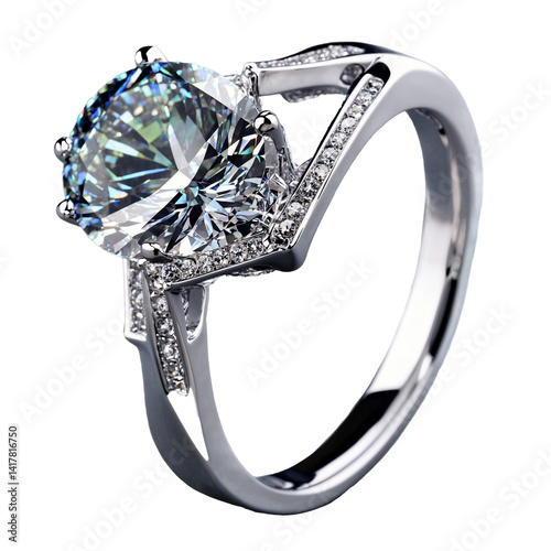 octagon cut diamond gemstone on silver ring transparent background isolated png stock