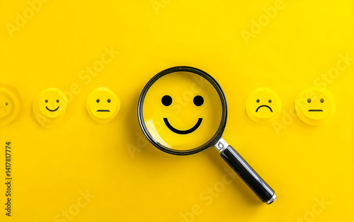 Magnifying glass view over happy and sad smiley face icons on a yellow background, a customer experience journey concept