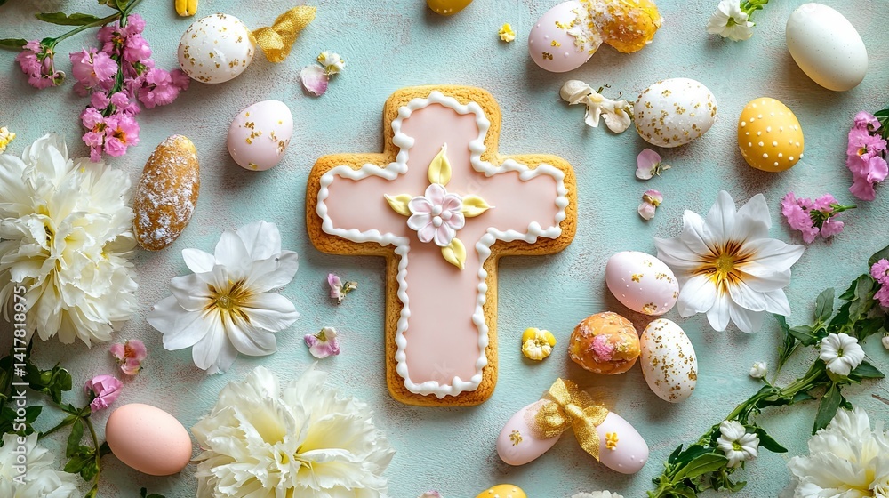 Cross-shaped cookie with icing, surrounded by Easter treats and flowers . Cross-shaped cookie with icing, surrounded by Easter treats and flowers .