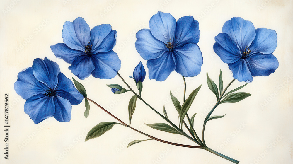 Fototapeta premium Delicate Blue Flax Flowers Botanical Illustration on Off White Background