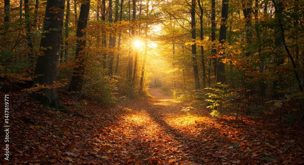 Obraz premium Forest path with bright sunlight, photo