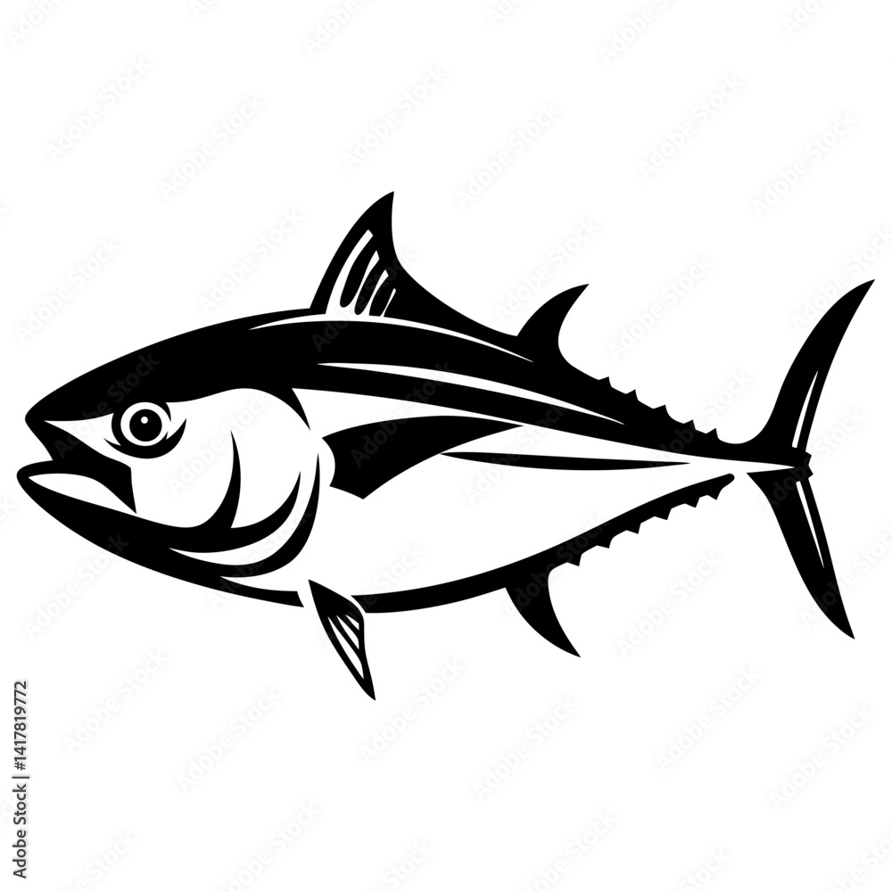 Fototapeta premium Bold black and white stylized illustration of a powerful swimming tuna fish