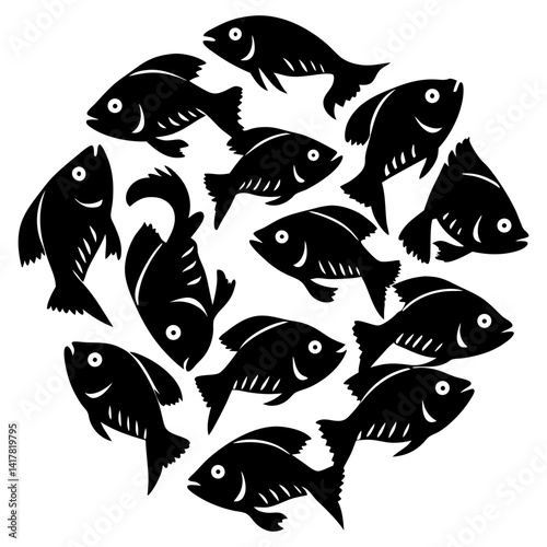 A school of stylized black fish swimming in a circular pattern