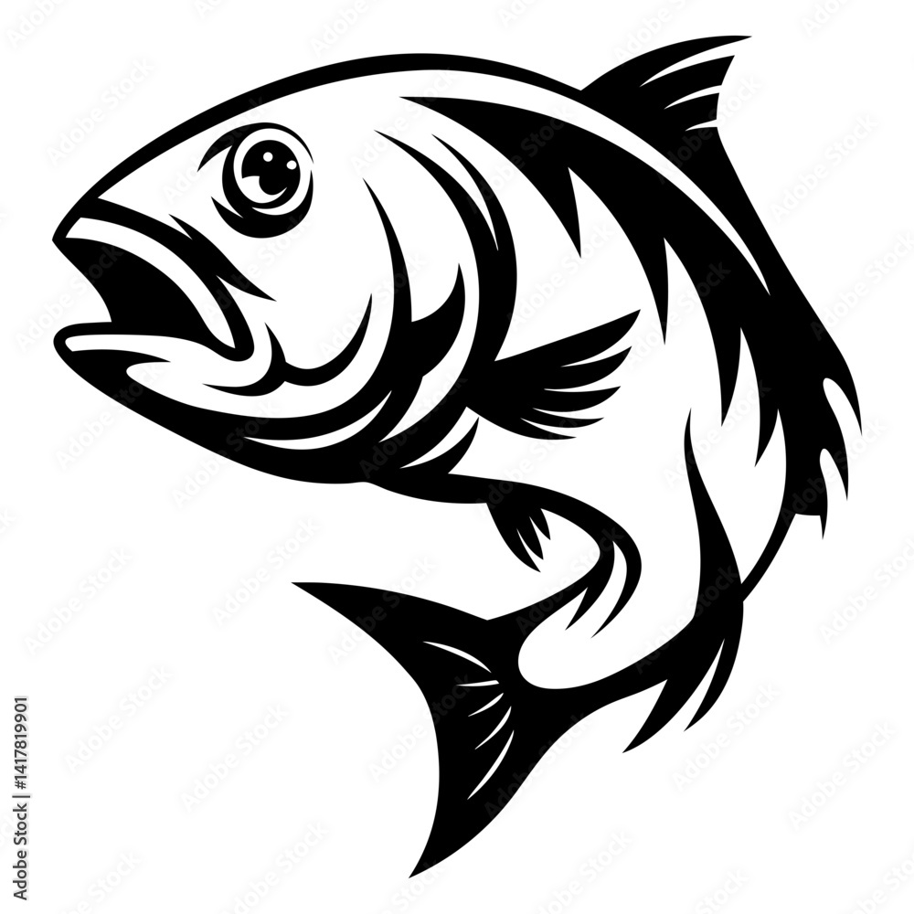 Naklejka premium Abstract monochromatic illustration of a powerful fish with mouth open and ready