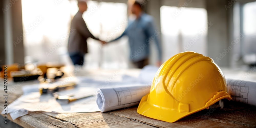 Construction site with blueprints and hard hat Construction site with blueprints and hard hat