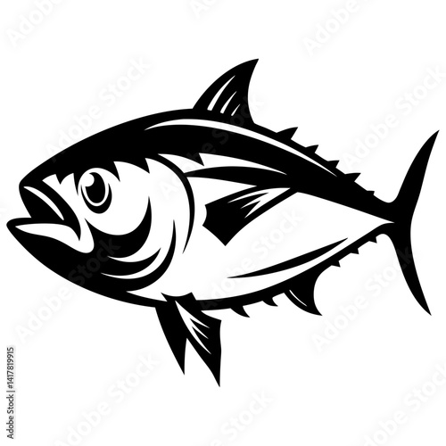 Stylized illustration of a black and white tuna fish swimming forward