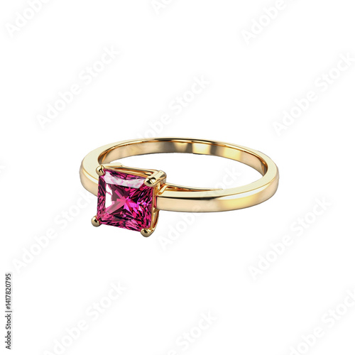 princess cut spinel gemstone on gold ring transparent background isolated png stock