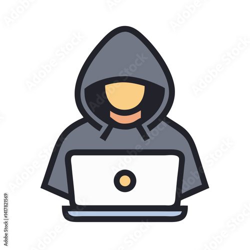 Hacker in Hoodie Using Laptop Icon Design