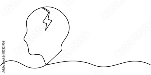 Headache Single Line Icon, Continuous Line Drawing of Brainstorming Icon. Hand Drawn Symbol Vector Illustration, brain energy continuous one line drawing.