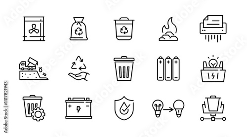 Waste and Recycle line icon set. Trash separation, waste sorting, trash, plastic, paper, bottles, cans, factory, food, pollution, recycling outline icon collection. UI linear icon pack.