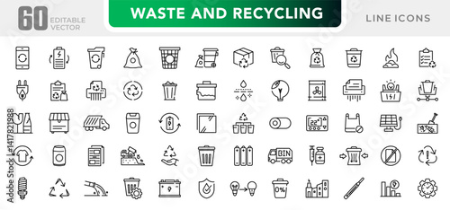 Waste and Recycle line icon set. Trash separation, waste sorting, trash, plastic, paper, bottles, cans, factory, food, pollution, recycling outline icon collection. UI linear icon pack.