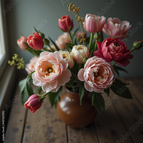 Un bouquet de fleurs européen dans un style muté et atmosphérique, éclairé par une lumière douce et mélancolique