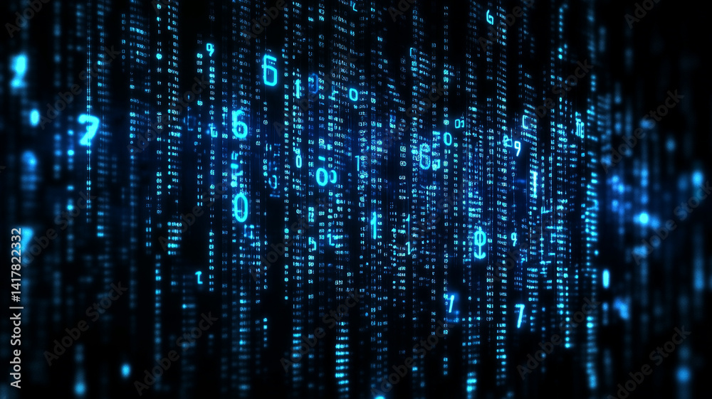 Falling lines of glowing binary code on a dark background, resembling a digital rain effect; a futuristic concept often used in cybersecurity and tech themes.