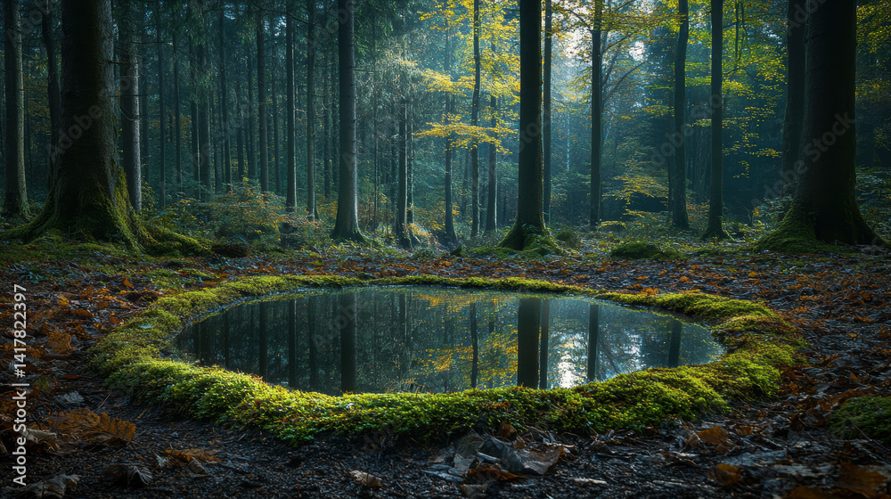 Fototapeta premium Enchanted Autumn Forest with Sunlit Pond and Mossy Banks
