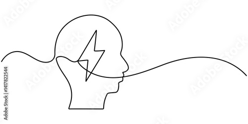 Headache Single Line Icon, Continuous Line Drawing of Brainstorming Icon. Hand Drawn Symbol Vector Illustration, brain energy continuous one line drawing.