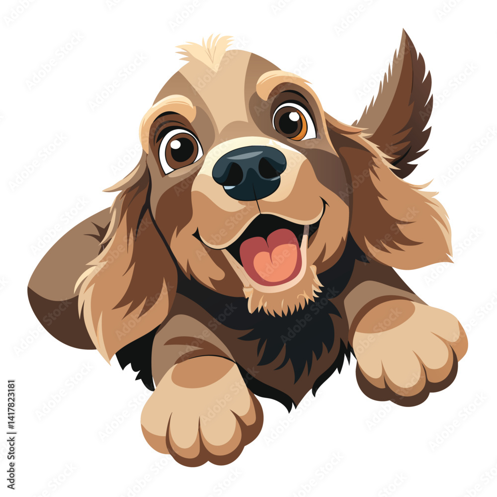 Obraz premium A playful Cocker Spaniel puppy lies on its back, looking up with an open mouth on white background