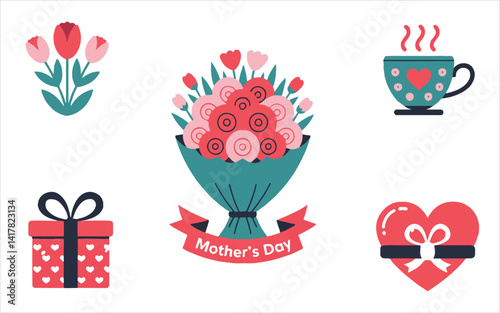 Mother's Day Icon Set with Bouquet, Gifts, and Teacup, Colorful Vector Illustration
