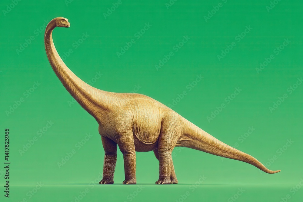 Obraz premium A long-necked dinosaur stands against a vibrant green background.