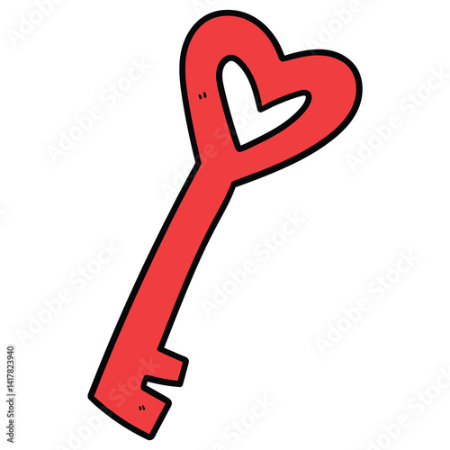 Hand drawn cartoon red heart shaped key on white background.
