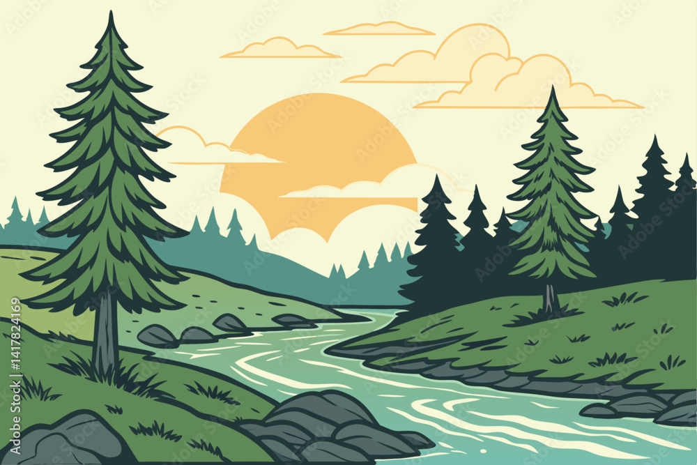 Fototapeta premium 68 Scenic forest landscape, flowing river, pine trees, sunset sky, large sun, fluffy clouds, rocky riverbed, grassy banks, vibrant green foliage, calm water reflections, serene nature scene, digital a