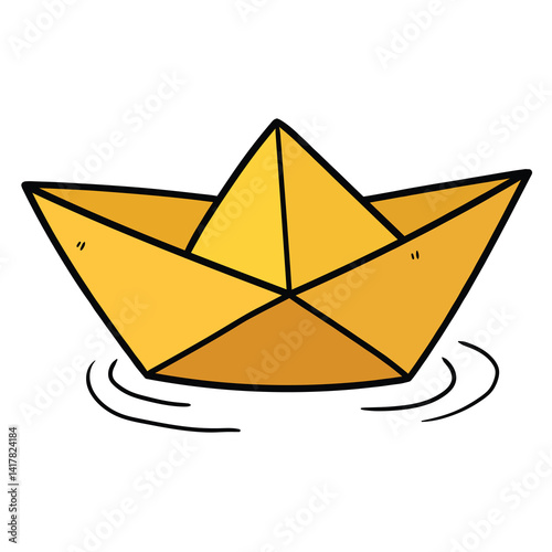 Hand drawn cartoon yellow paper boat origami on white background.