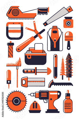 Orange and Blue Hand Drawn Set of Tools Illustration