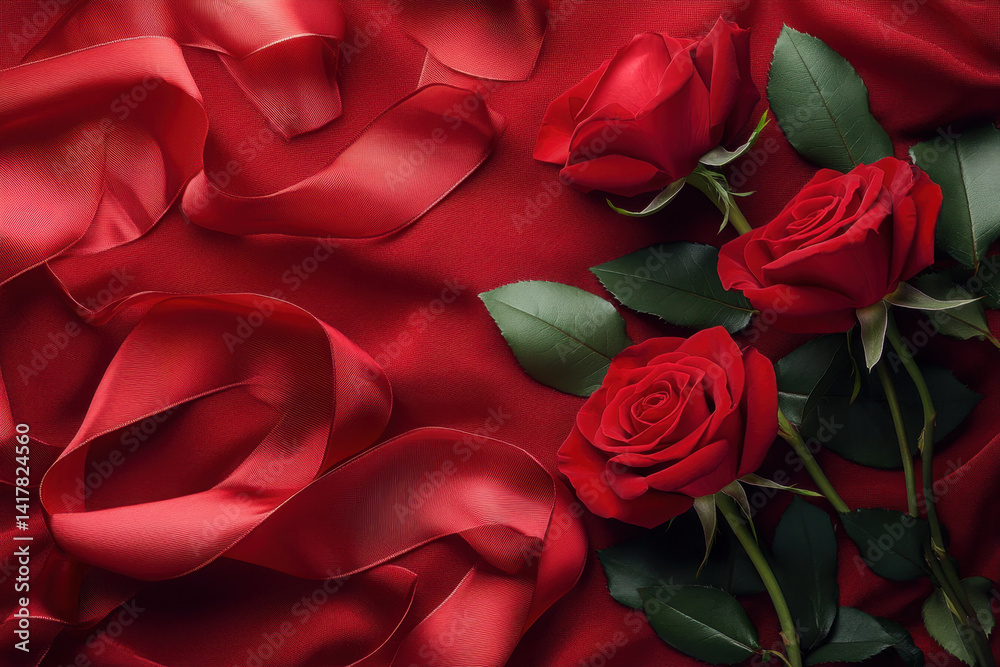 Naklejka premium Vibrant red roses against a soft blurred background. Reflection of light adds depth to the image, creating a stunning visual display.