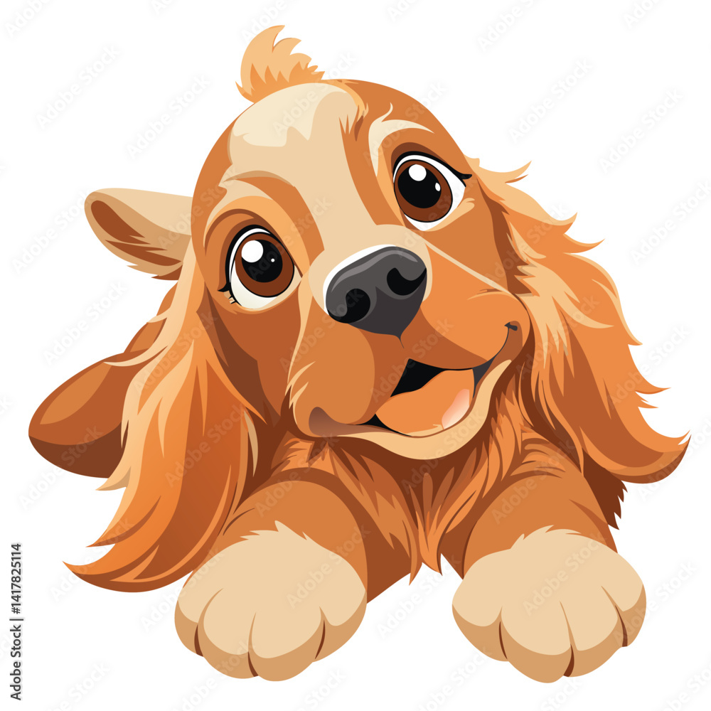 A playful Cocker Spaniel puppy lies on its back, looking up with an open mouth on white background A playful Cocker Spaniel puppy lies on its back, looking up with an open mouth on white background