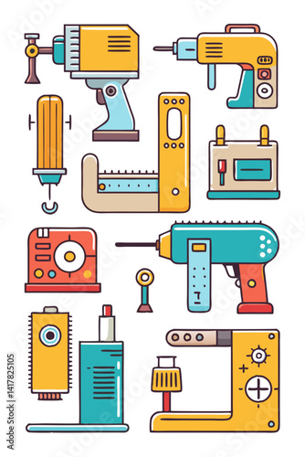 Colorful Cartoon Tools Collection Illustration on White Background