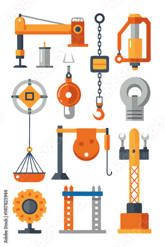 Cartoon Heavy Lifting Machines and Tools Vector Illustration