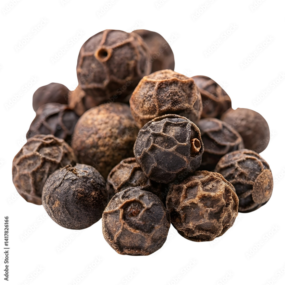 cluster of dried black peppercorns with wrinkled texture and rich earthy tones, essential spice for seasoning and culinary use, isolated on transparent background. cluster of dried black peppercorns with wrinkled texture and rich earthy tones, essential spice for seasoning and culinary use, isolated on transparent background.