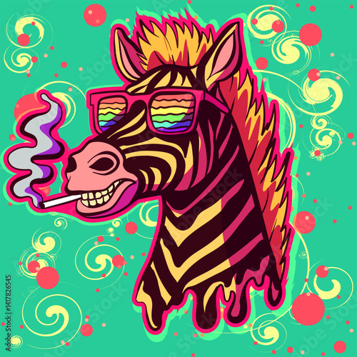 Cool zebra thug wearing sunglasses and smoking. Striped wild with haircut on fire smiling.