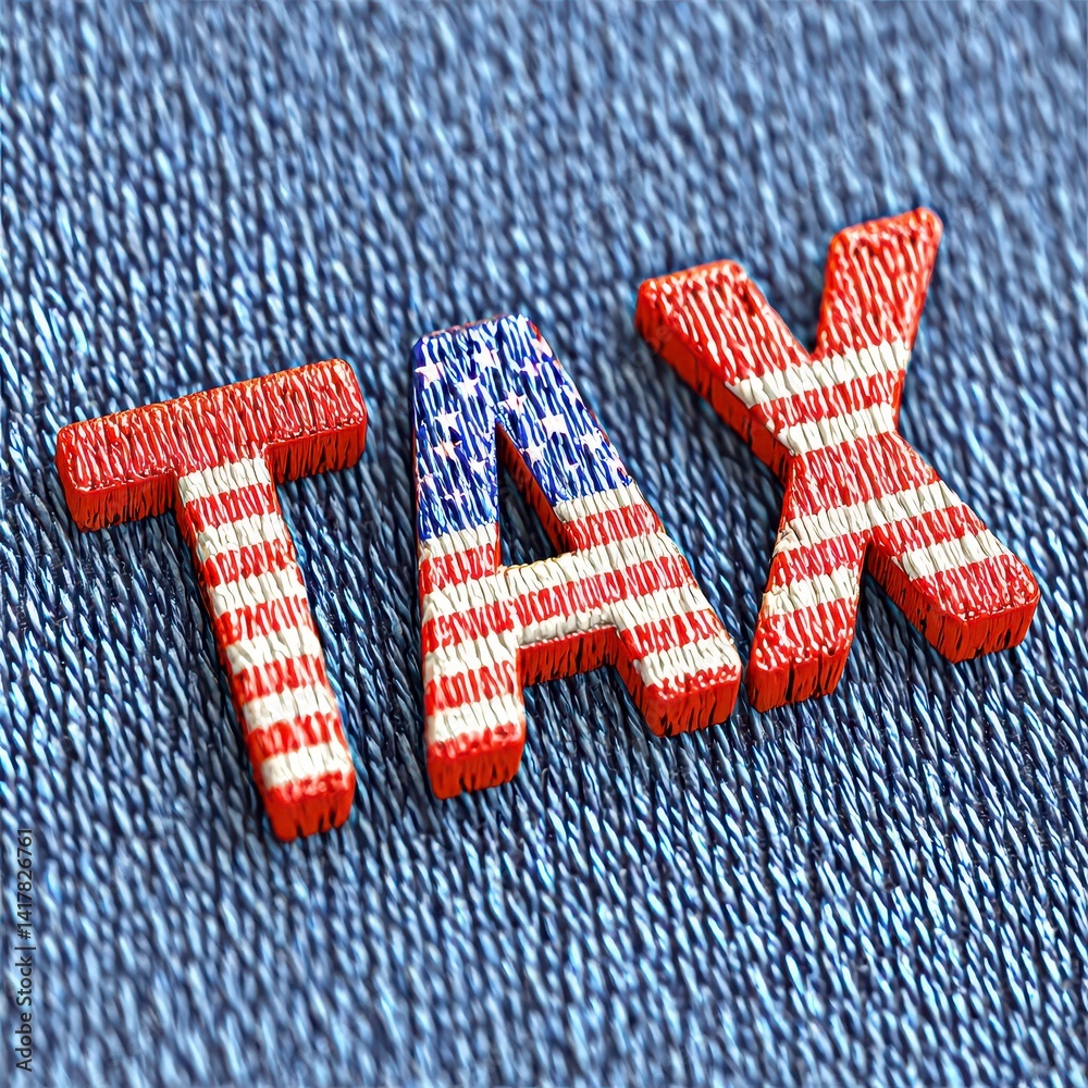 3D Render of Tax Word with USA Flag on Denim