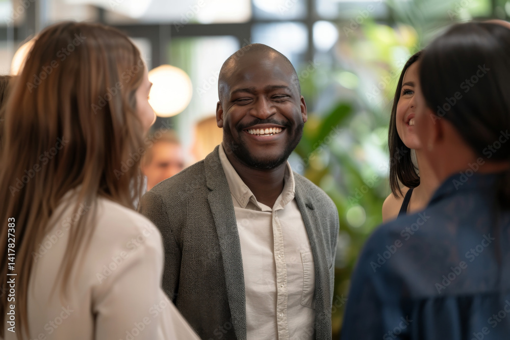 Fototapeta premium Joyful man engaged in a conversation with colleagues in a bright setting