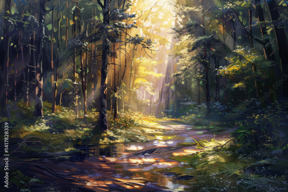 Fototapeta premium Enchanted forest with sun rays piercing through trees to a calm pond