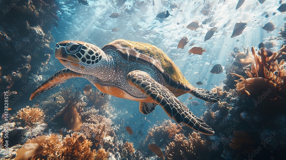 Obraz premium Sea turtle swimming peacefully through coral reef in vibrant, underwater scene