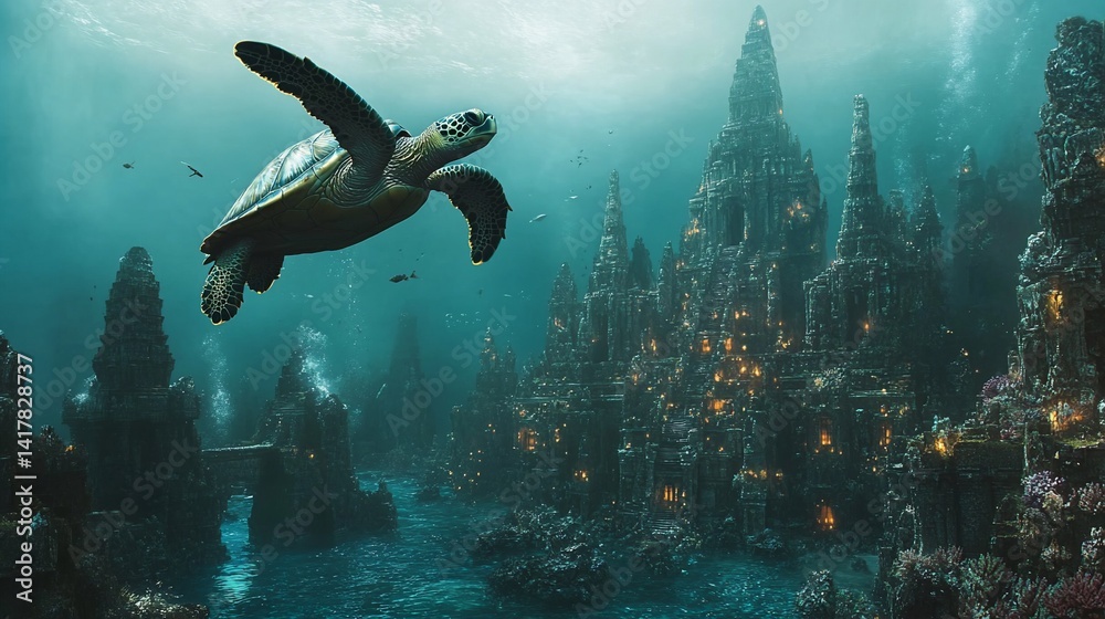 Sea turtle swims above a mystical underwater city with coral and glowing lights Sea turtle swims above a mystical underwater city with coral and glowing lights