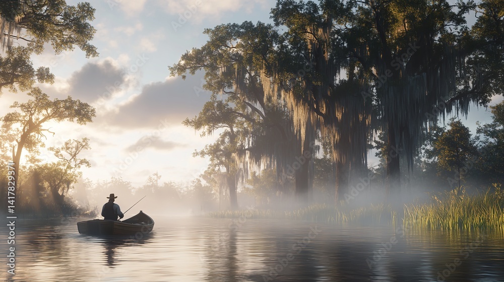 Serene Sunrise Fishing Scene Tranquil Bayou Landscape Peaceful Morning Fisherman in Boat Misty Swamp Cypress Trees Golden Hour Light Nature Scenery Serene Sunrise Fishing Scene Tranquil Bayou Landscape Peaceful Morning Fisherman in Boat Misty Swamp Cypress Trees Golden Hour Light Nature Scenery