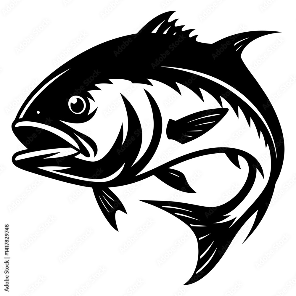 Stylized Black and White Illustration of a Fish Leaping from the Water Stylized Black and White Illustration of a Fish Leaping from the Water