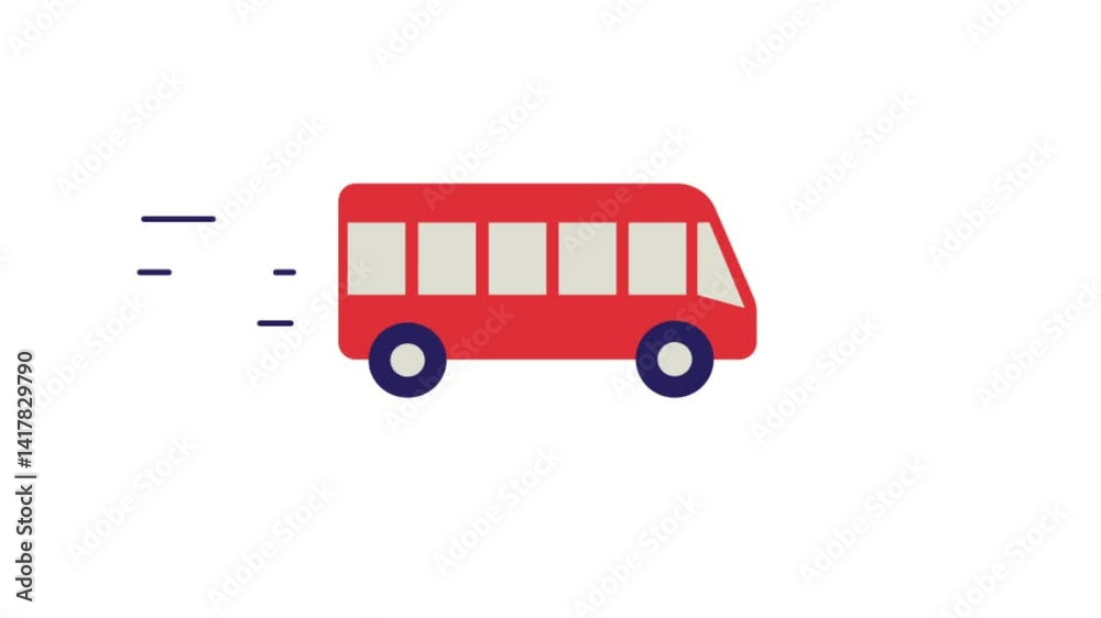 Red Bus Drive Icon Animation on White Background, 2D Car Driving Animation in 4K Resolution for Transport and Vehicle Scene

