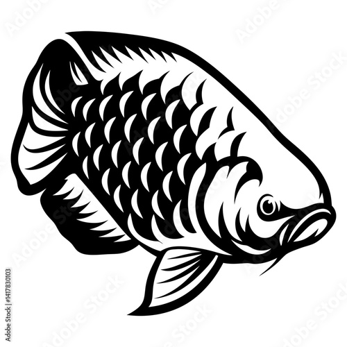Monochrome illustration of an Arowana fish with detailed scales and flowing fins