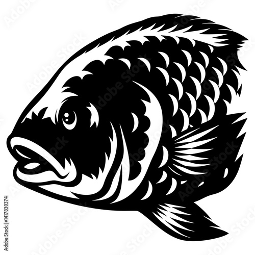 Detailed black and white illustration of a tilapia fish head with scales
