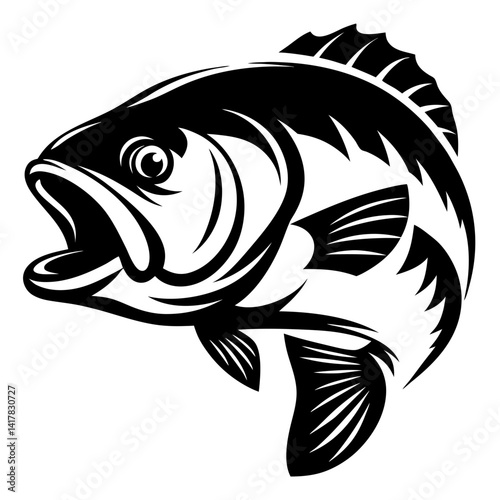 Black and white vector drawing of a bass fish in action