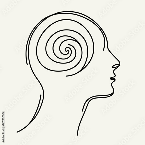 Minimalist outline of a head with a spiral representing thoughts  
