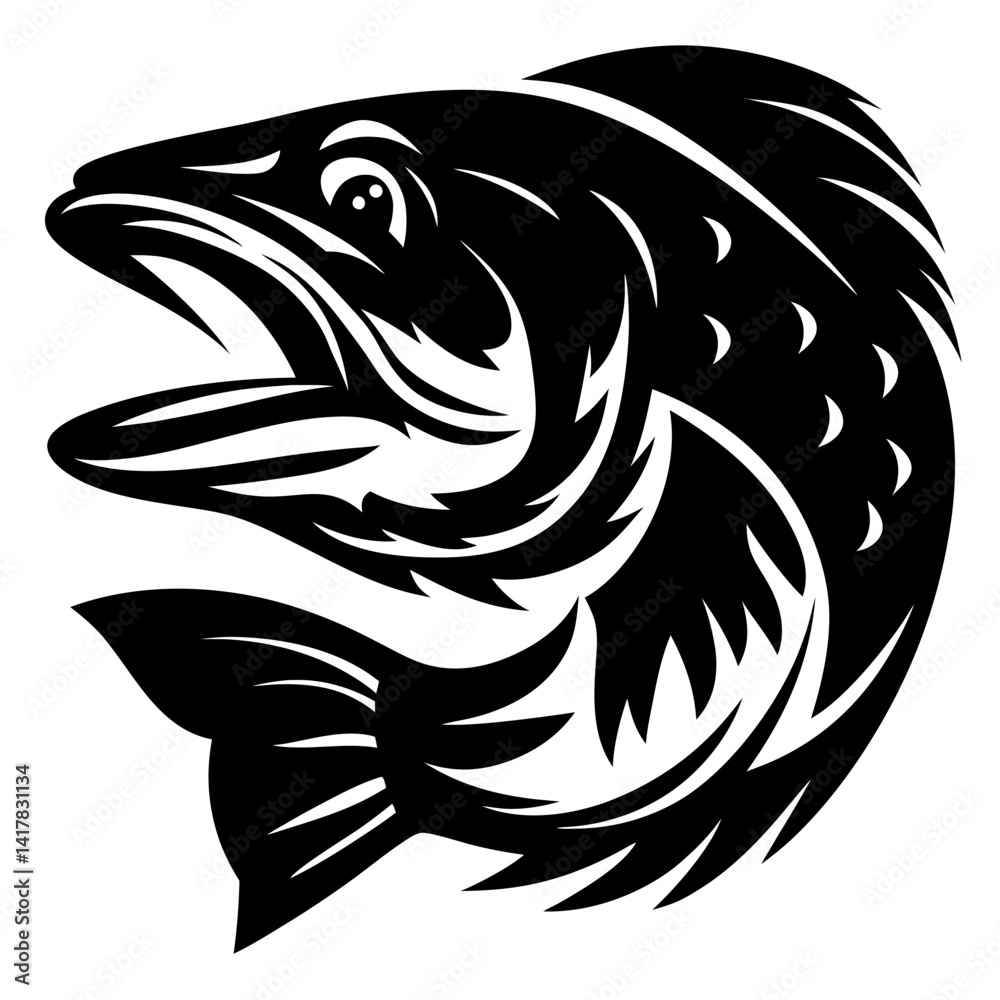 Naklejka premium Stylized Black and White Fish Illustration with Open Mouth and Sharp Fins