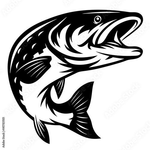 Black and White Striking Illustration of a Northern Pike Leaping Upward