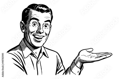 man smiling enthusiastically with one hand raised in a presenting gesture 1950s retro vector illustration style