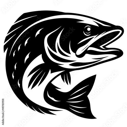 Black and white illustration of a muskie fish jumping upwards out of water